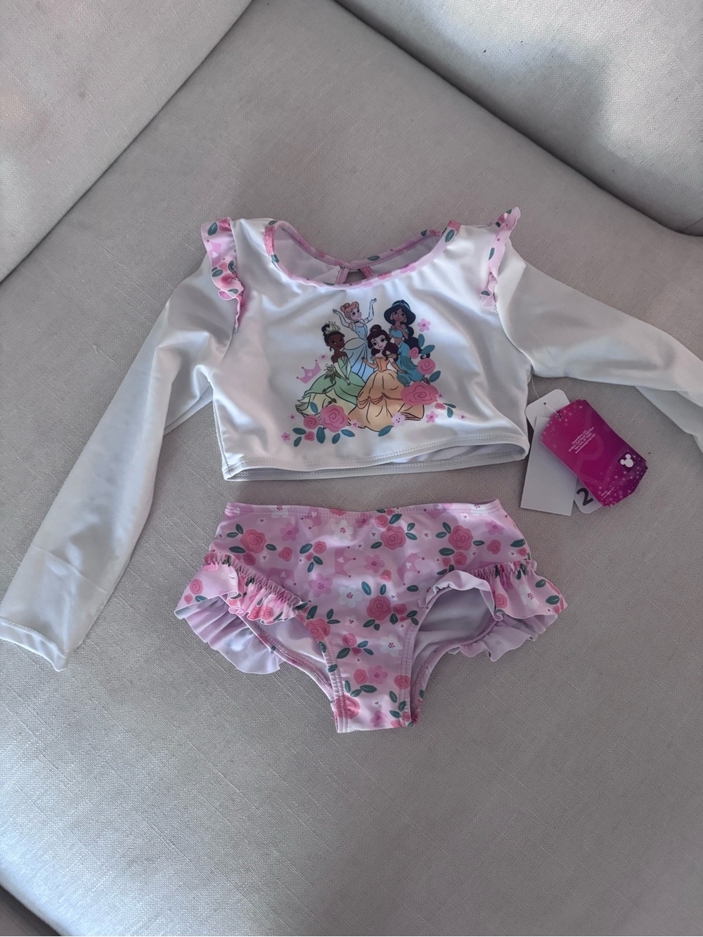 Disney Girls' White and Pink Floral Long-Sleeve Rashguard Two-Piece Swim Set